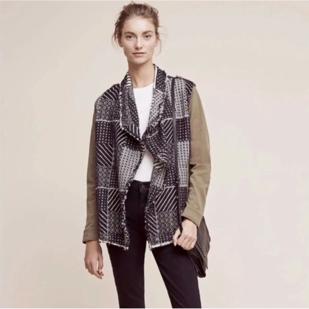 Anthropologie. Draped Patchwork Open Front Jacket - Black, Gray, Olive